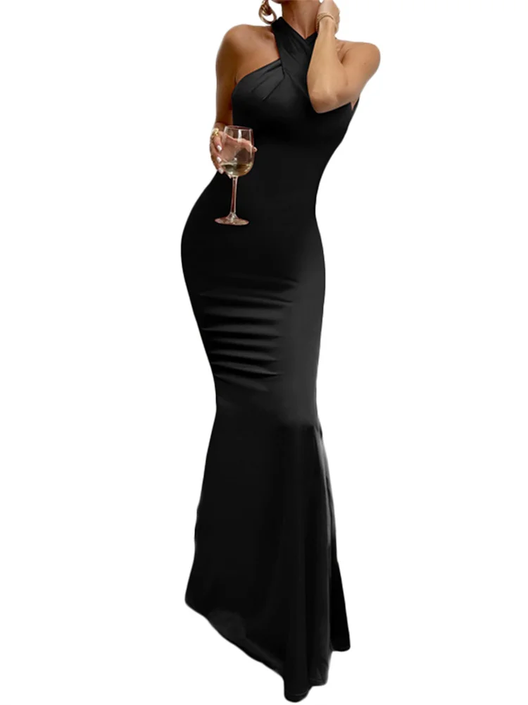 Women Long Dress Cross Halter Backless - 图片 6